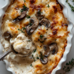 Delicious Mushroom Cream Cheese Dip in a skillet with a toasted baguette.