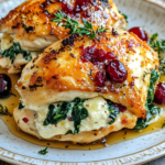 Delicious Stuffed Chicken Breasts with melted Brie, spinach, and cranberries.