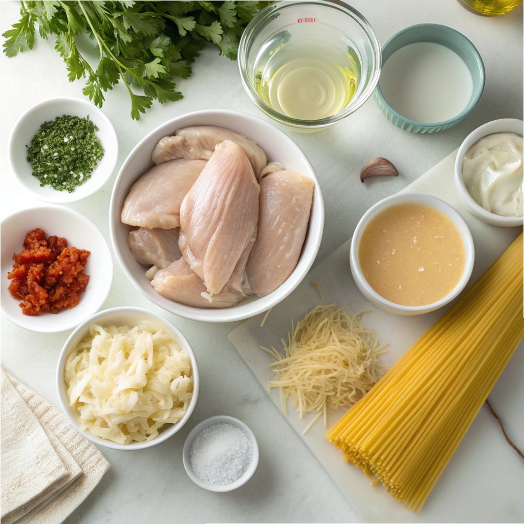 Separated ingredients for Crock Pot Angel Chicken including chicken, cream cheese, and pasta.