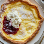 Delicious Perfect Dutch Baby in a cast-iron skillet with cream cheese topping.