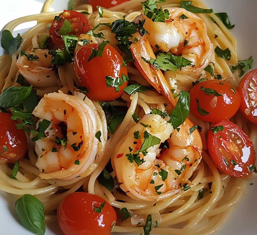 Prawn Pasta with Garlic & Cherry Tomatoes