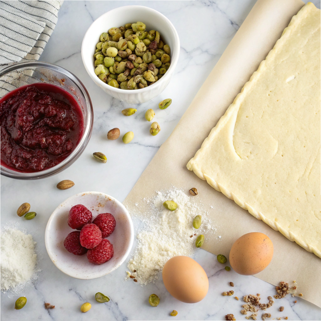 Fresh ingredients for Raspberry & Pistachio Wreath.