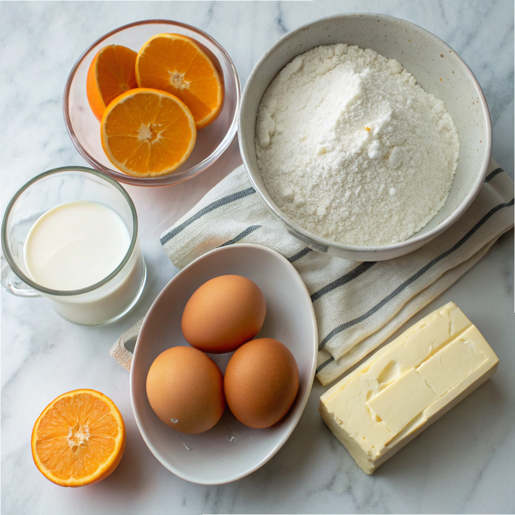 Ingredients for a Perfect Dutch Baby including eggs, milk, flour, and orange zest.