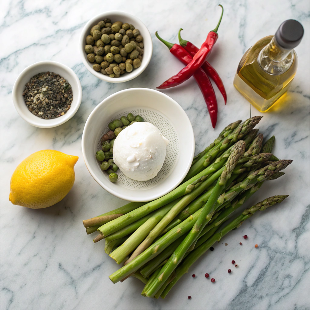 Fresh ingredients for Grilled Asparagus with Burrata.