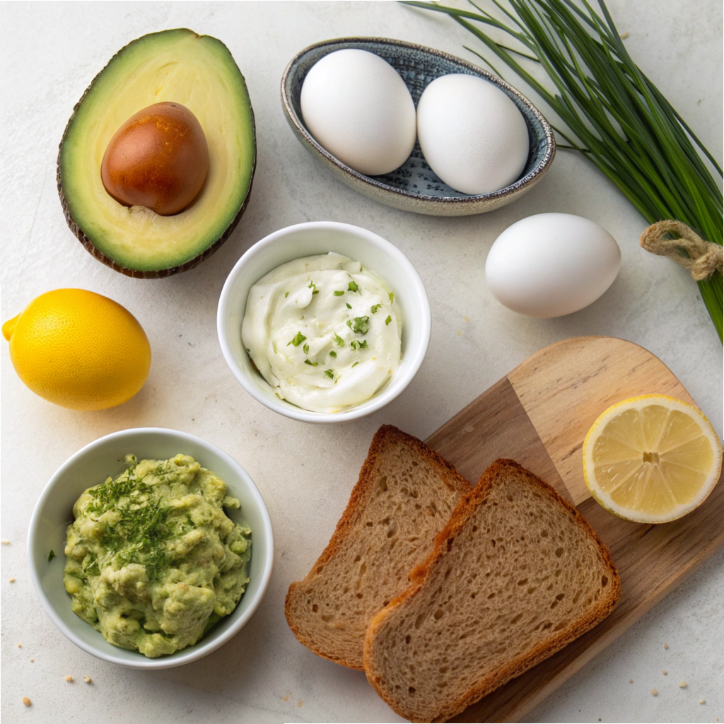 Fresh ingredients for Creamy Avocado Egg Salad.