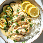 Delicious Lemongrass Chicken Rice with roasted zucchini and fresh basil.