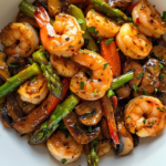 Delicious Shrimp Vegetable Stir Fry with garlic and asparagus in a wok.