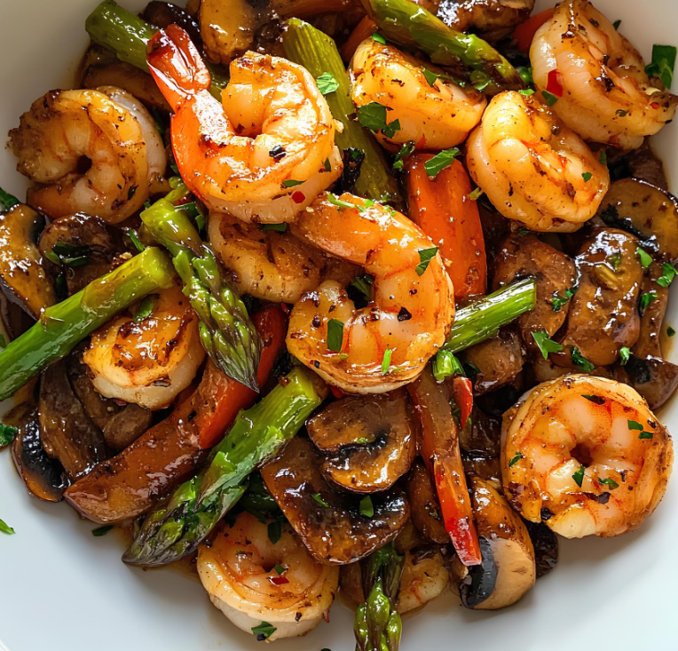 Delicious Shrimp Vegetable Stir Fry with garlic and asparagus in a wok.