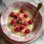 A bowl of Coconut Rice and Berry Pudding with coconut flakes.