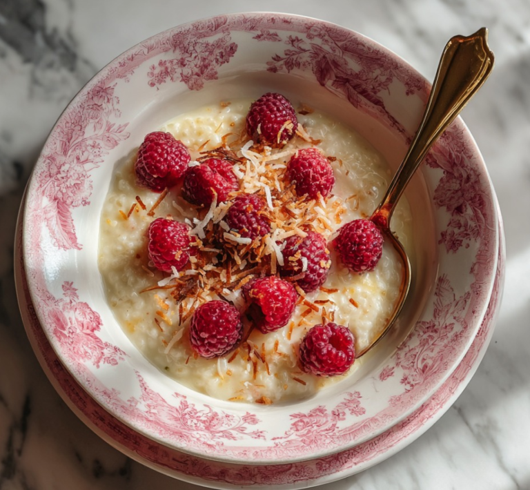 A bowl of Coconut Rice and Berry Pudding with coconut flakes.