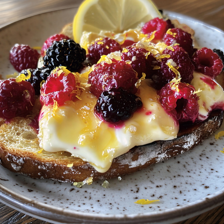 A slice of Brie Toast with macerated berries and lemon zest.