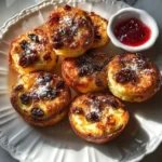 A stack of golden Skillet Cakes with raisins in a pan.