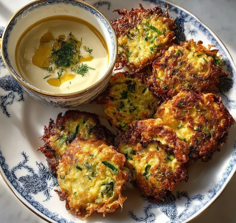 A platter of golden-brown Zucchini Fritters with tzatziki.