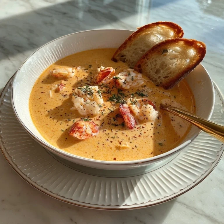 A bowl of creamy Lobster Bisque with fresh herbs.