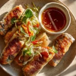 A platter of golden-brown Salmon Spring Rolls with dipping sauce.