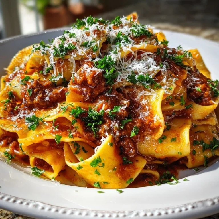 A bowl of Sausage Ragu with pappardelle and Parmesan.