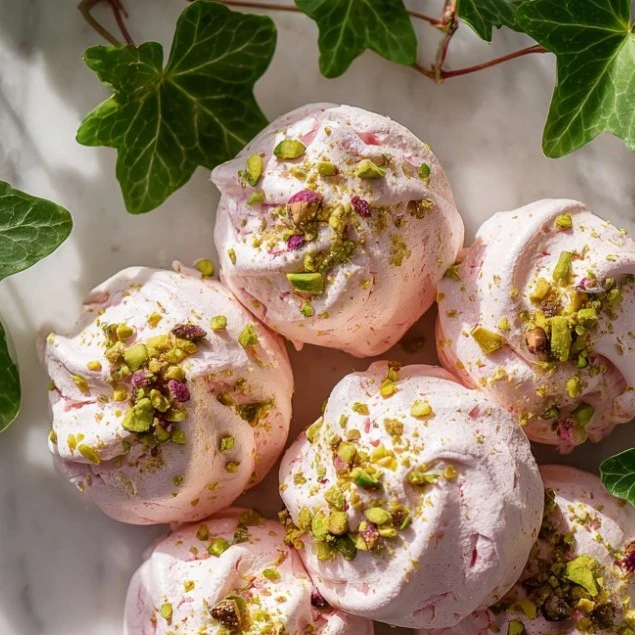 A platter of pink Rosewater Pistachio Meringues.