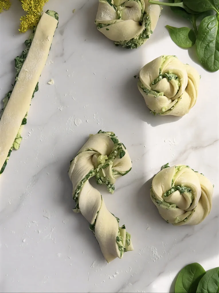 Step-by-step process of folding and twisting puff pastry dough filled with a vibrant green spinach and cheese mixture on a marble countertop.