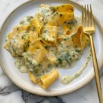 A bowl of golden Gorgonzola Pappardelle with spinach and black pepper.