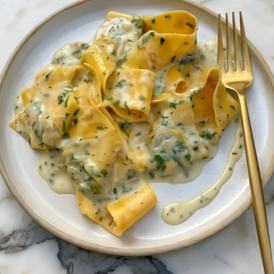 A bowl of golden Gorgonzola Pappardelle with spinach and black pepper.