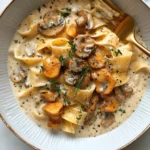A bowl of golden Creamy Mushroom Pappardelle with morels and shiitakes.