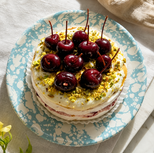 Brie Cake with Whipped Cherry Brie and Pistachios