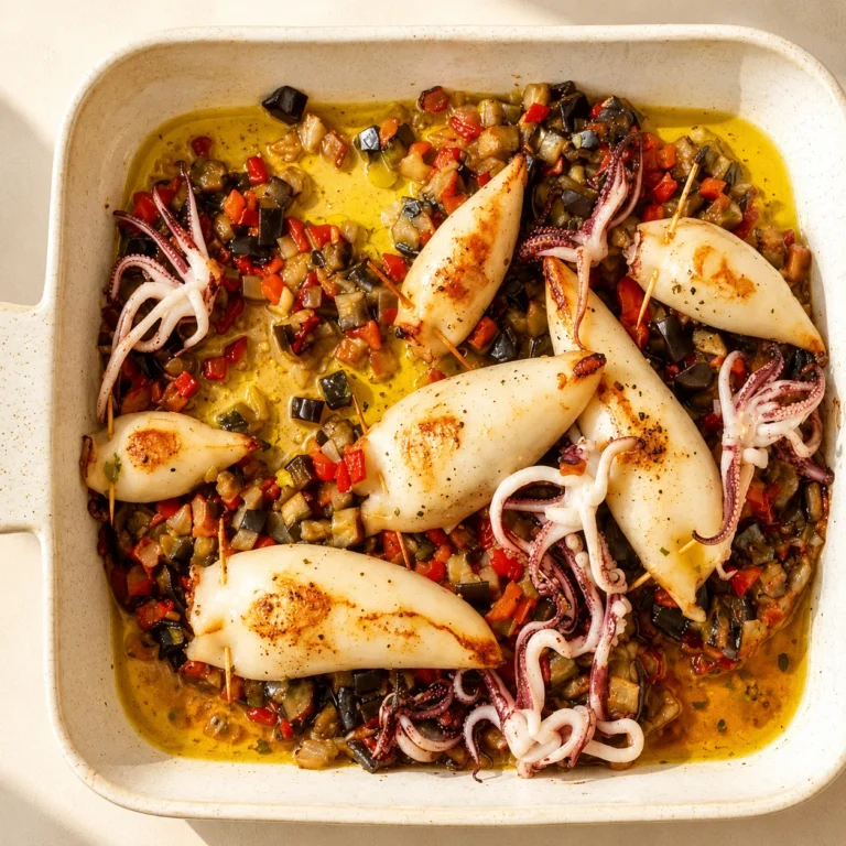 A baking dish of golden Baked Stuffed Squid with aubergine and peppers.