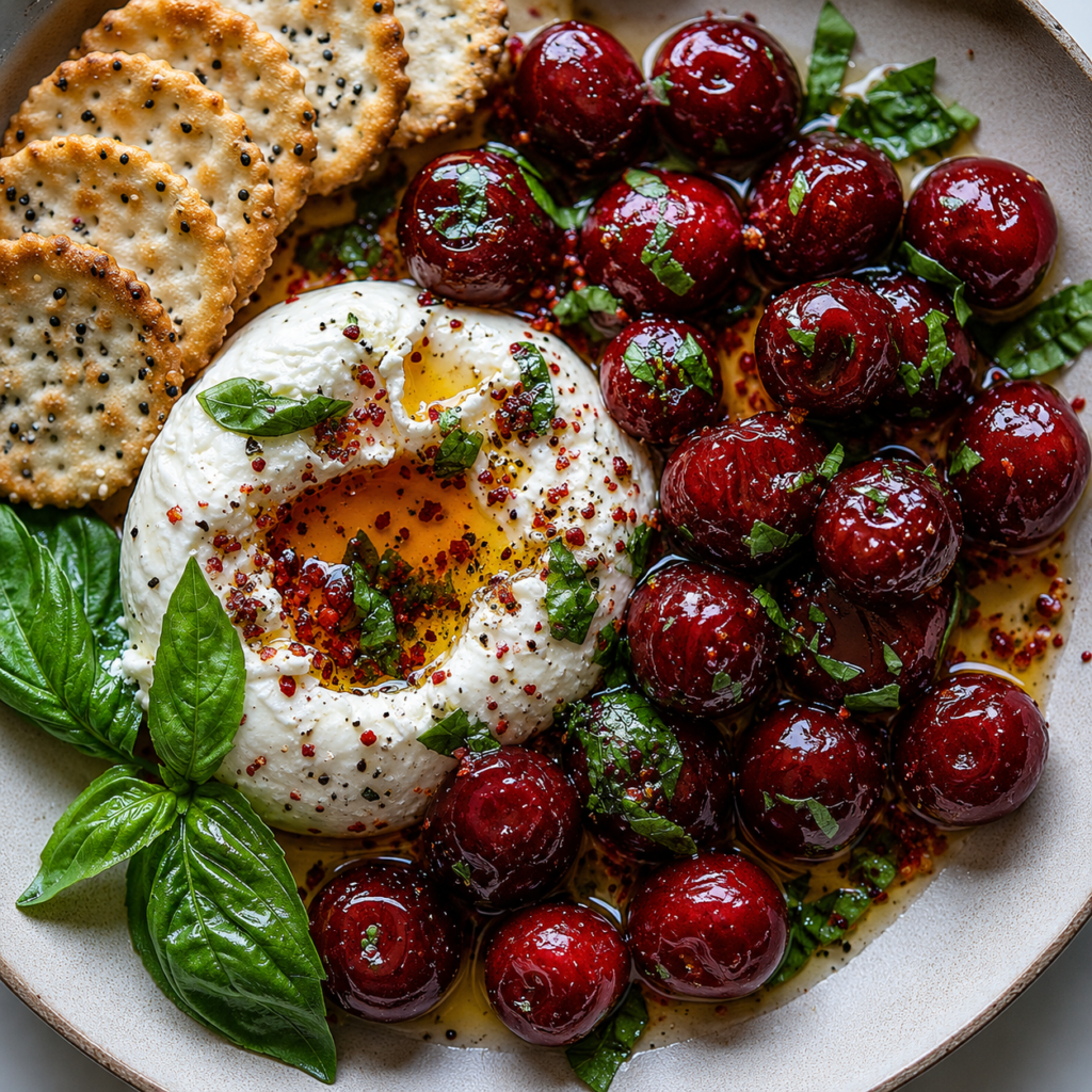 A platter of golden Burrata with Cherries, sumac spice, and fresh basil leaves.