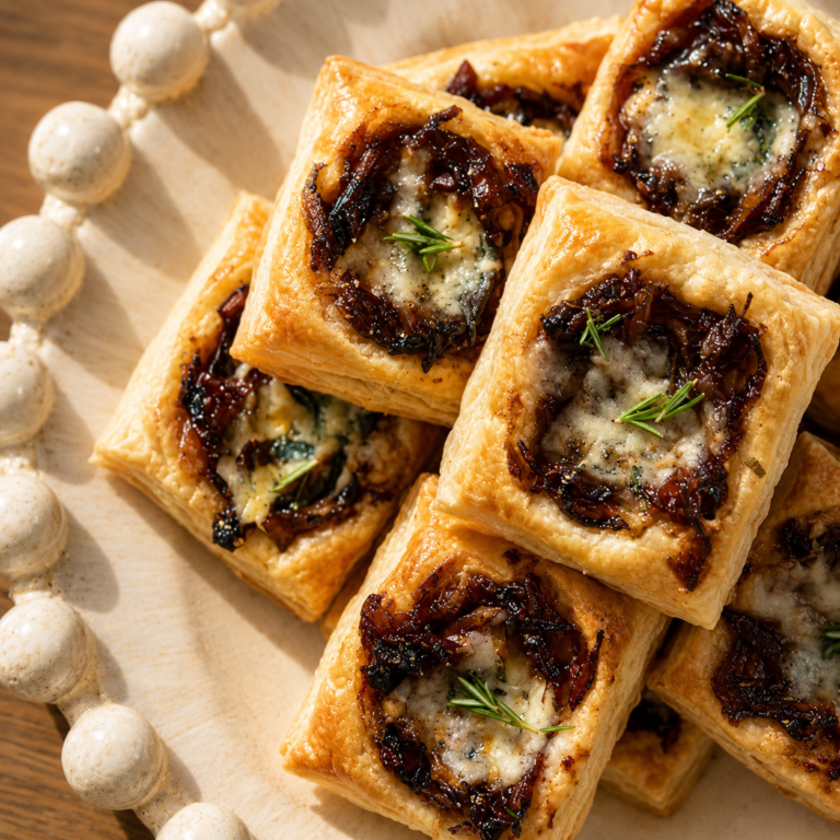 A tray of golden French Onion Bites with melted Gruyère cheese and caramelized onions.